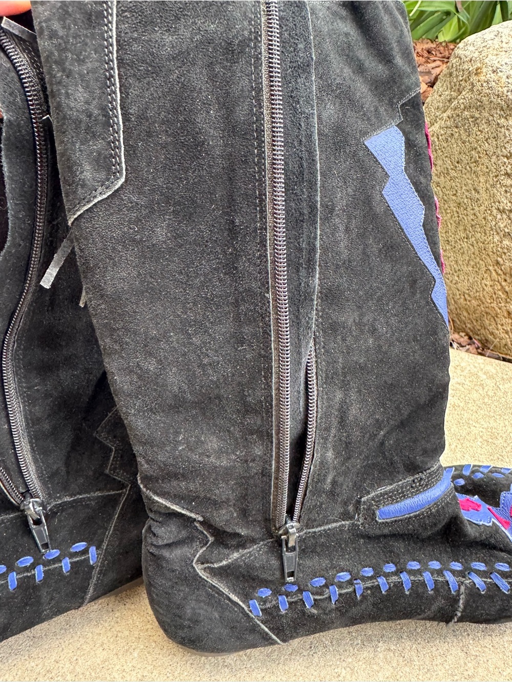 Black Suede Knee Boots w Blue Pink leather Embroidery boho cowgirl western 7.5 - Picture 10 of 10